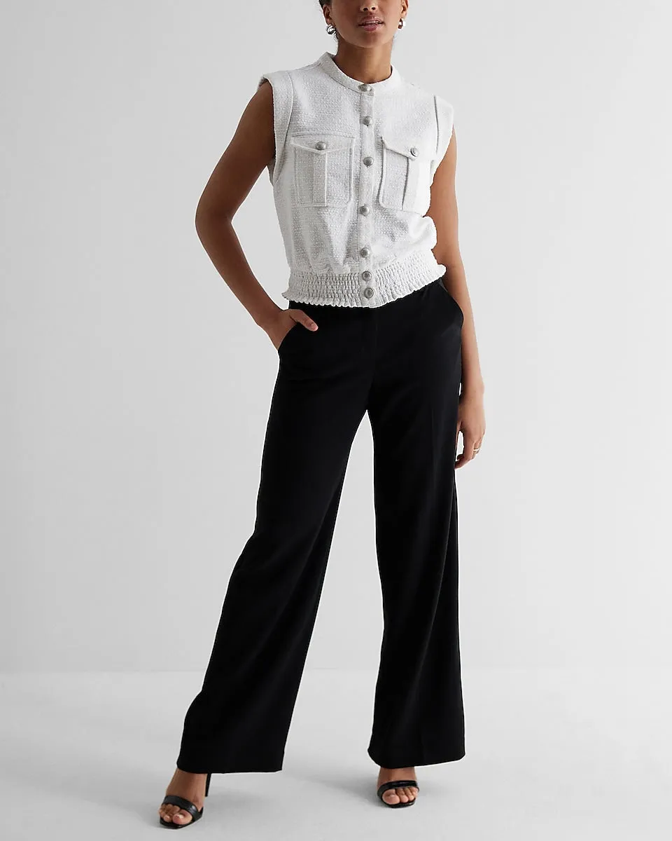 Boucle Tweed Button Front Smocked Bottom Utility Top in White