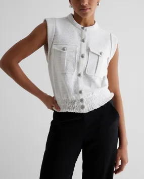 Boucle Tweed Button Front Smocked Bottom Utility Top in White