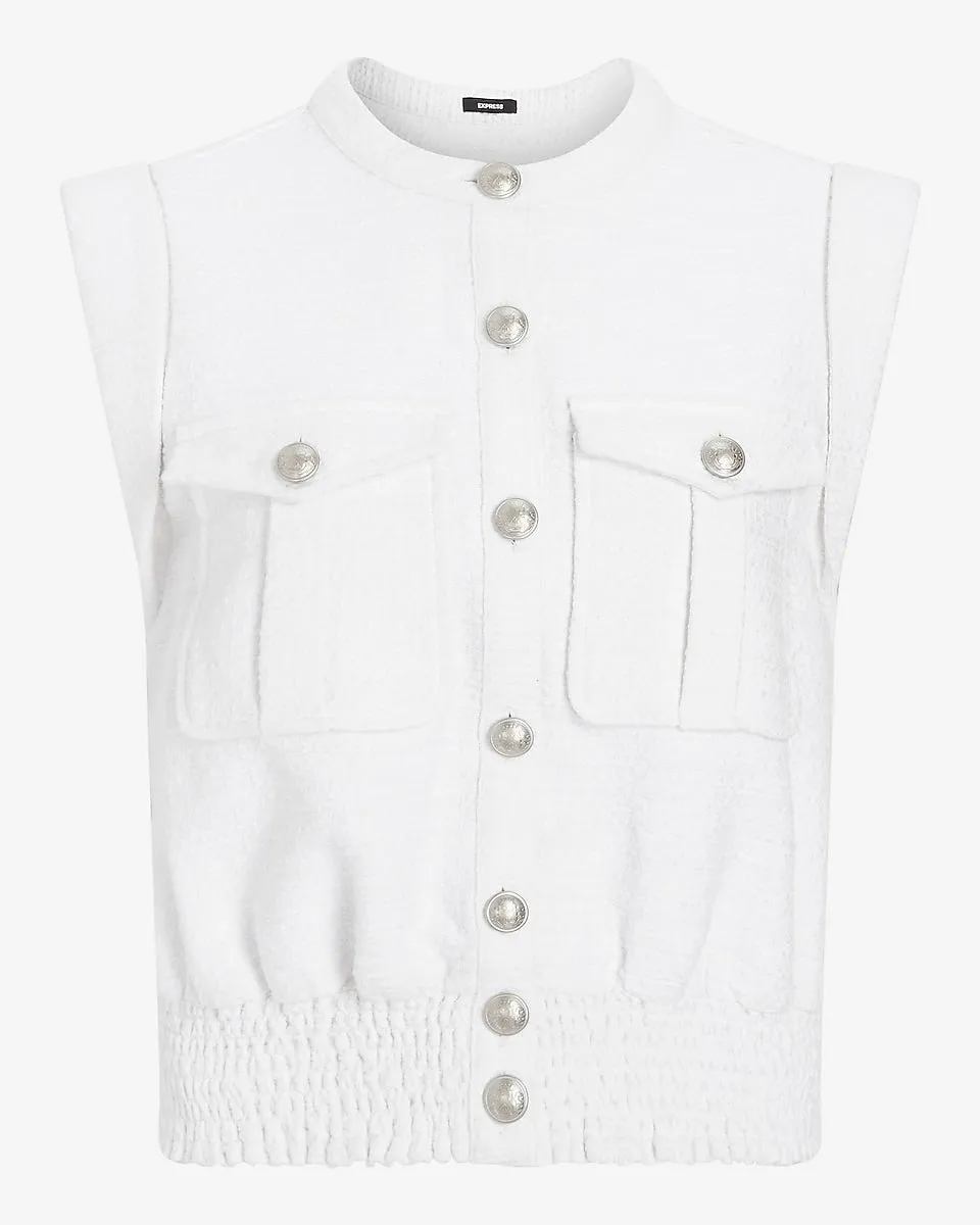 Boucle Tweed Button Front Smocked Bottom Utility Top in White
