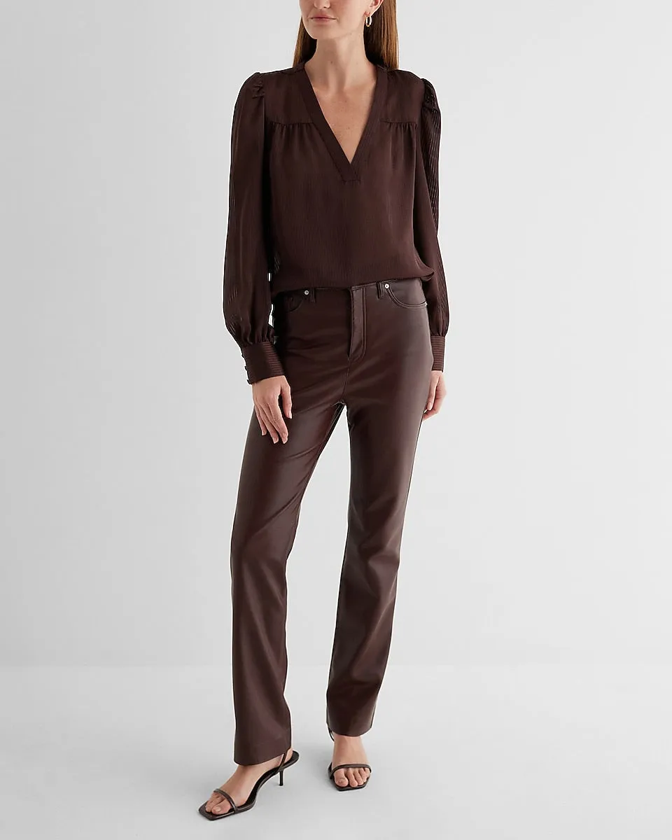 Satin Striped V-Neck Cuff Sleeve Top in Rich Mocha