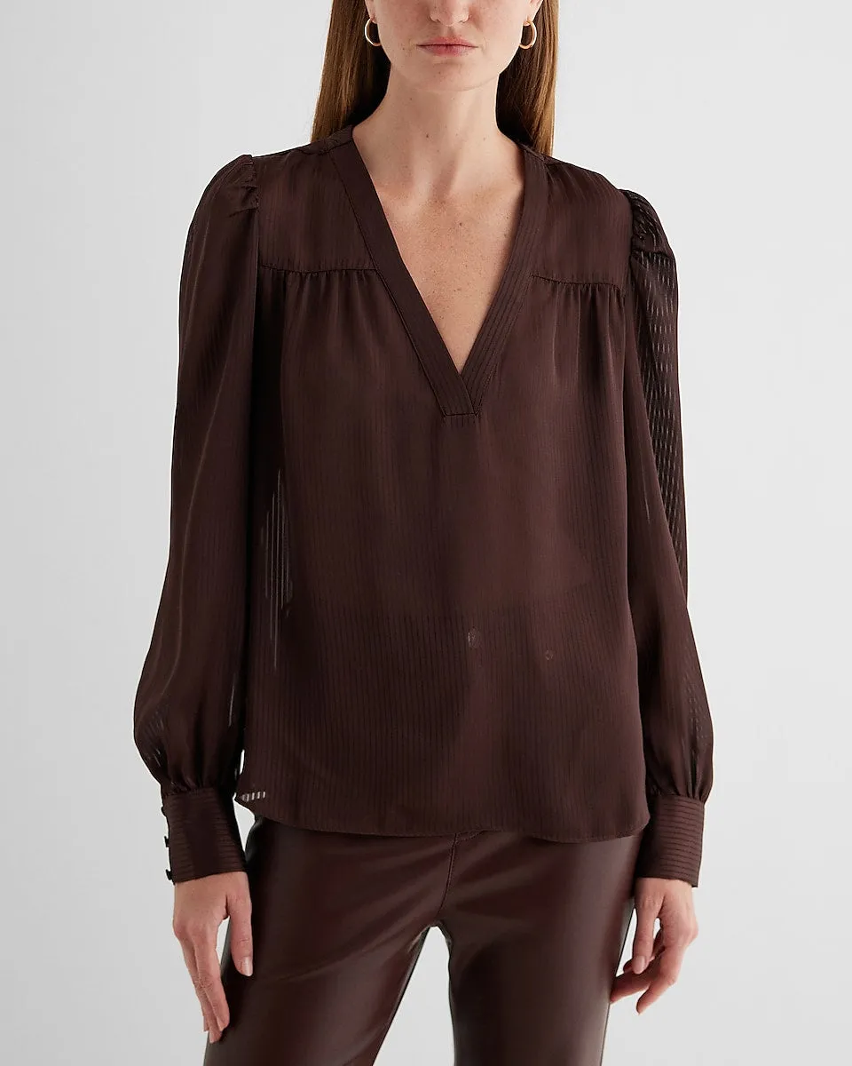 Satin Striped V-Neck Cuff Sleeve Top in Rich Mocha