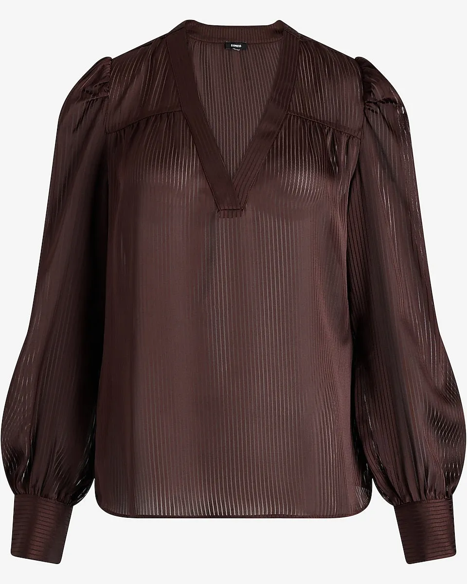 Satin Striped V-Neck Cuff Sleeve Top in Rich Mocha