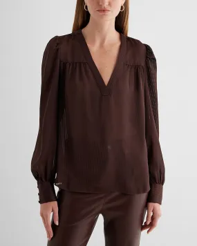 Satin Striped V-Neck Cuff Sleeve Top in Rich Mocha