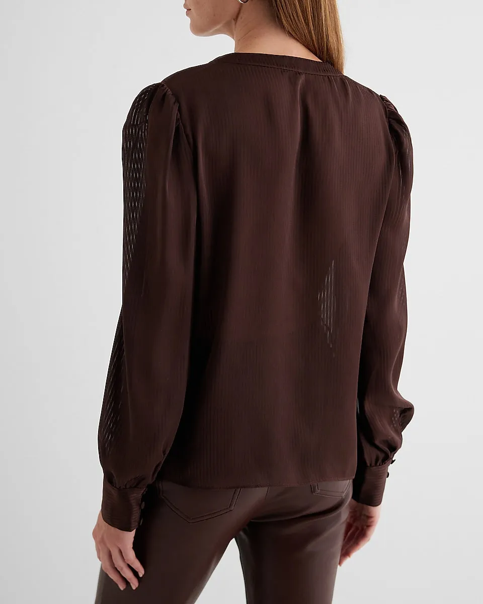 Satin Striped V-Neck Cuff Sleeve Top in Rich Mocha