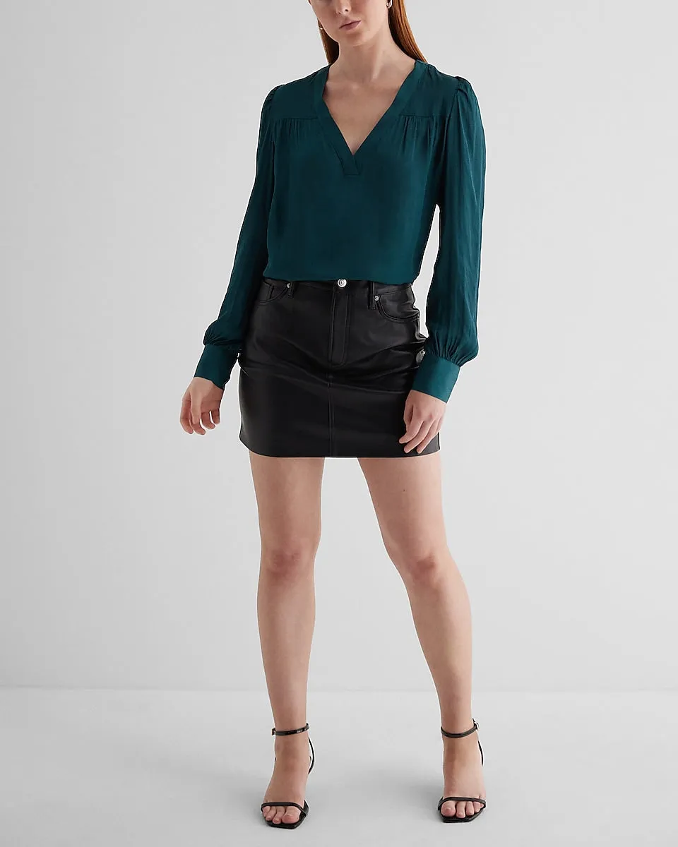 Satin V-Neck Cuff Sleeve Top in Deep Teal