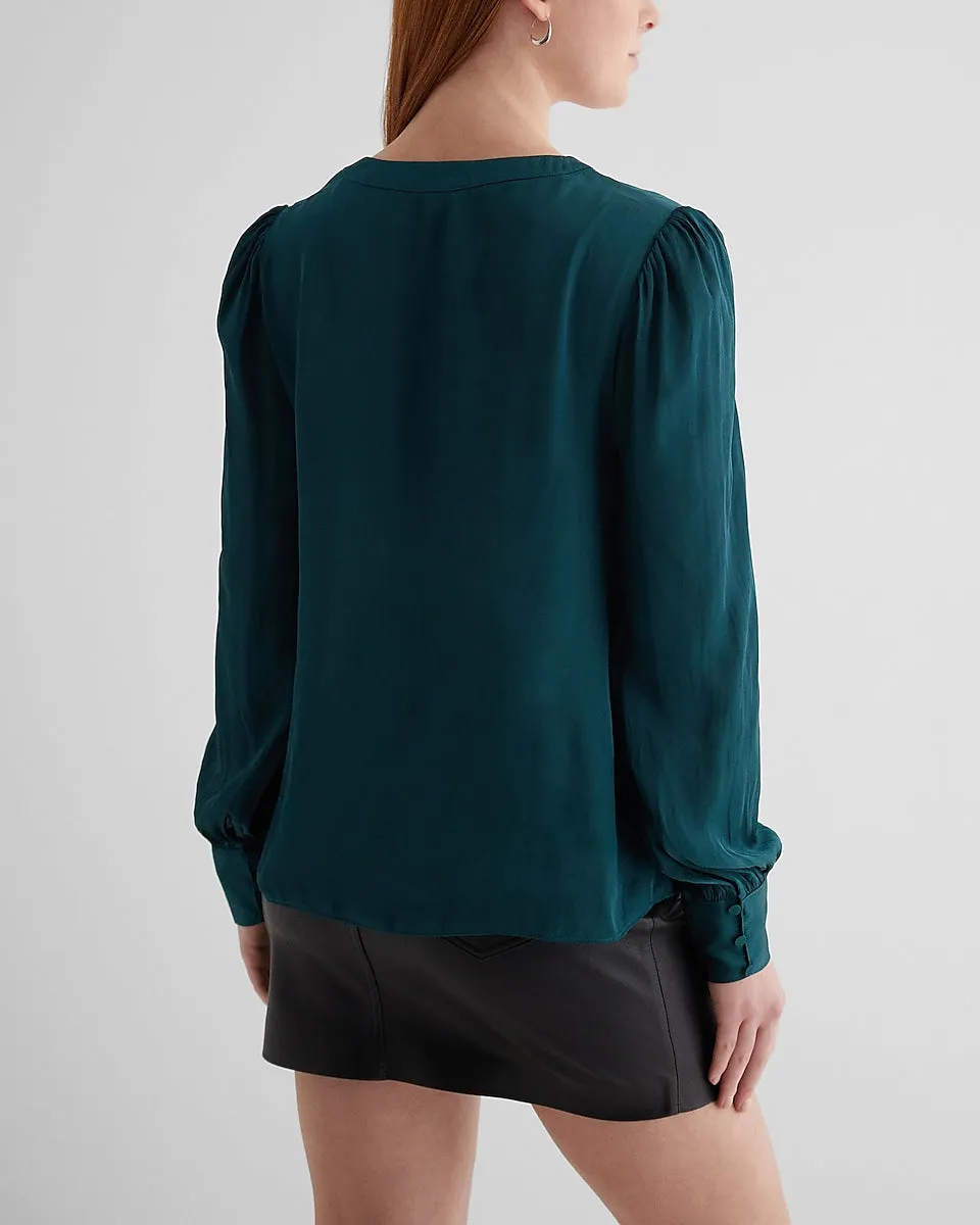 Satin V-Neck Cuff Sleeve Top in Deep Teal