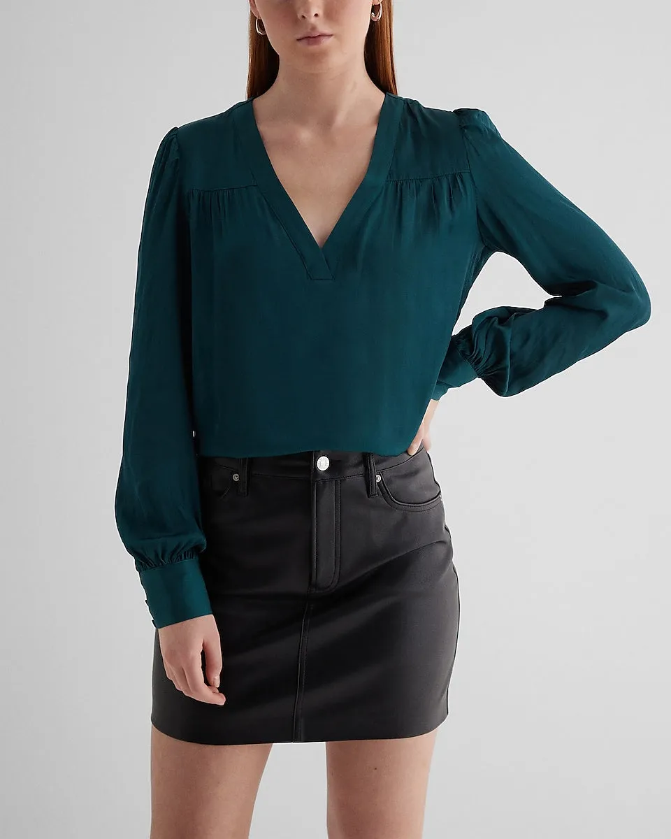 Satin V-Neck Cuff Sleeve Top in Deep Teal