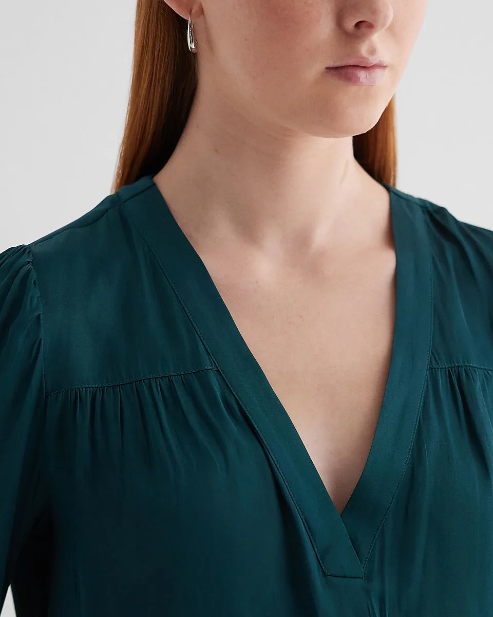 Satin V-Neck Cuff Sleeve Top in Deep Teal