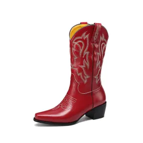 Slip on pointed toe mid calf cowboy boots for women Embroidery western boots